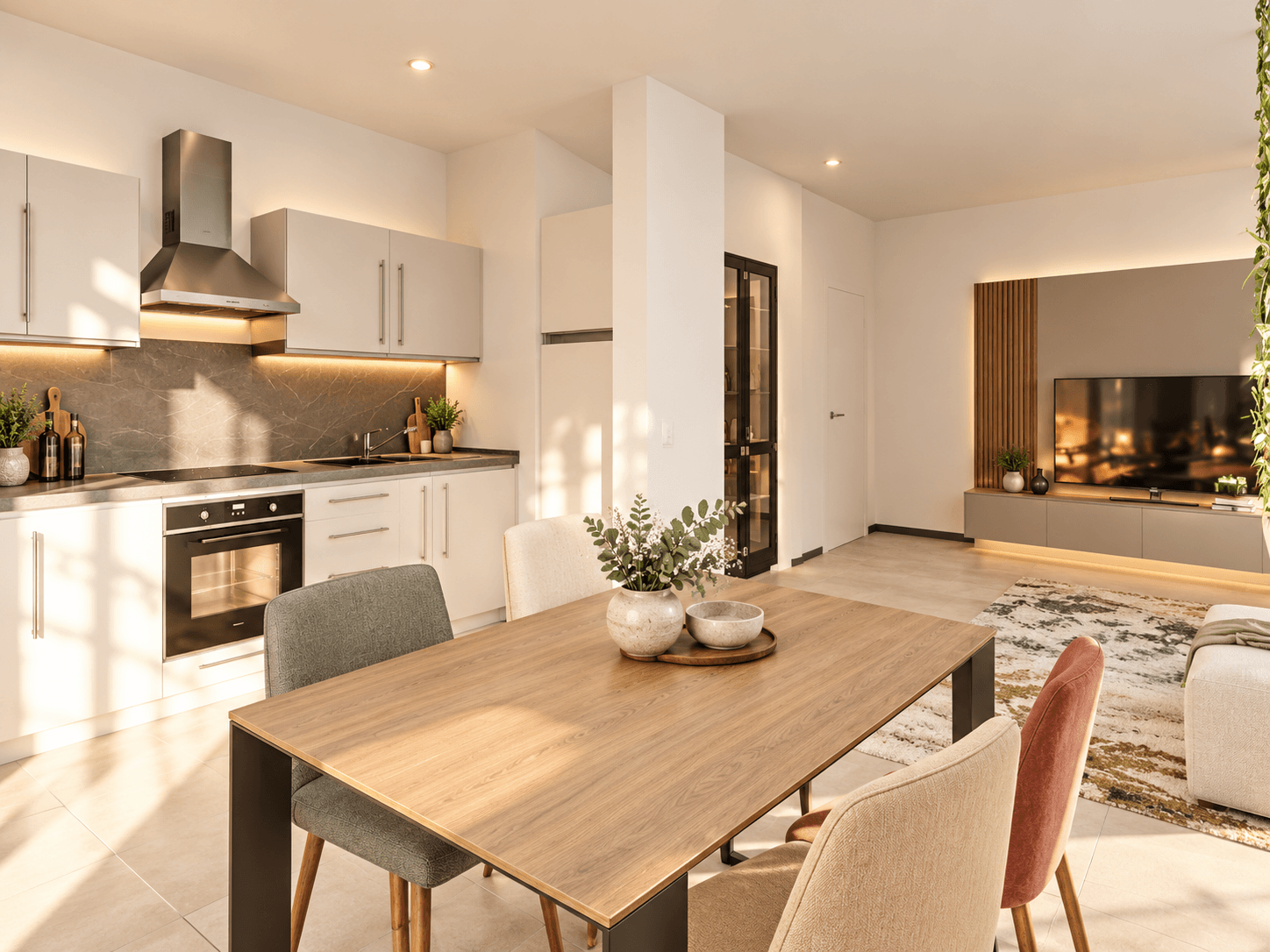 Cucina e zona giorno, render illustrativo