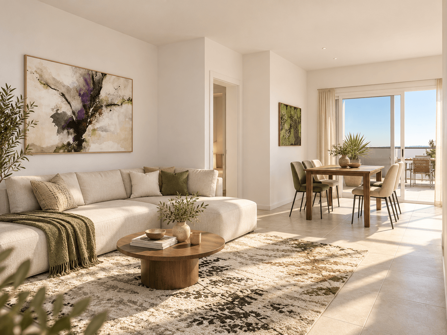 Soggiorno con zona pranzo, render illustrativo